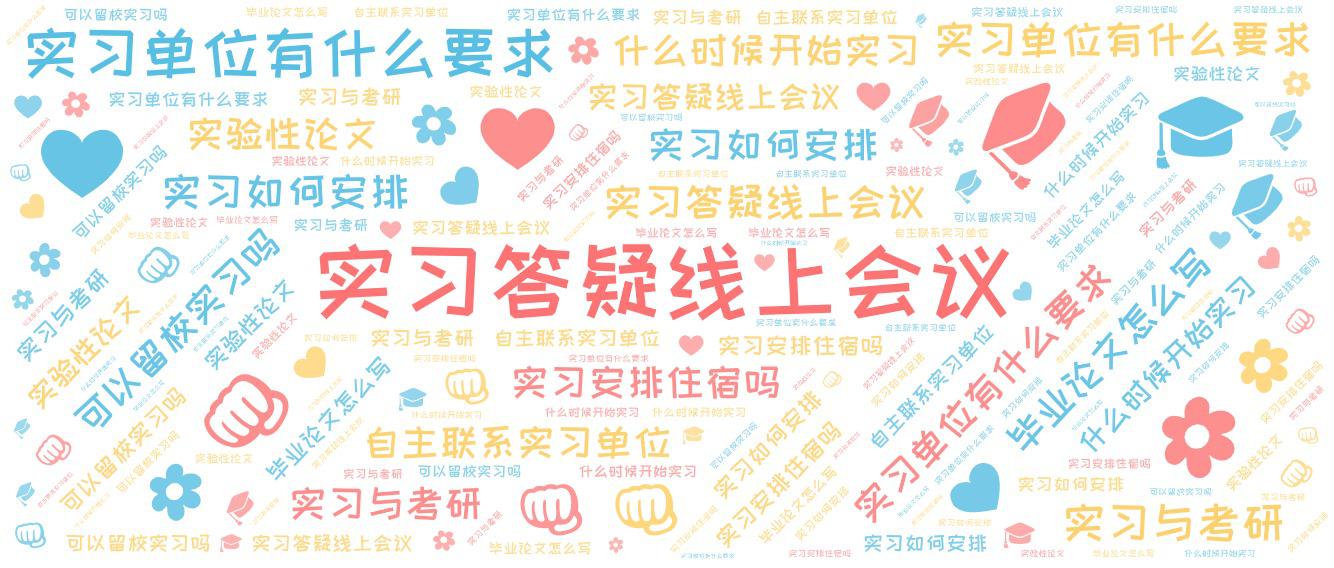 词云图,文字云图,实习答疑线上会议,实习单位有什么要求,实习如何安排,什么时候开始实习,可以留校实习吗,:mortar_board:,实习与考研,实习安排住宿吗,毕业论文怎么写,实验性论文