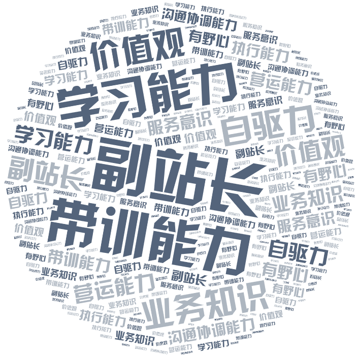 词云图,文字云图,副站长,带训能力,学习能力,业务知识,价值观,自驱力,营运能力,沟通协调能力,服务意识,有野心