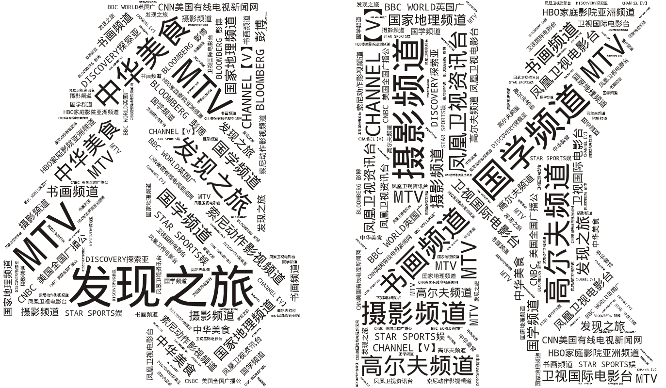词云图,文字云图,发现之旅,国学频道,MTV,摄影频道,中华美食,书画频道,高尔夫频道,卫视国际电影台,国家地理频道,凤凰卫视电影台