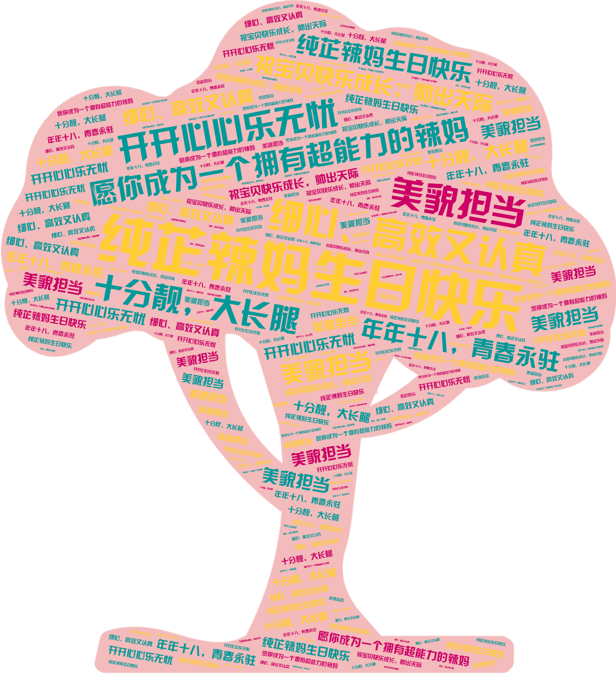 词云图,文字云图,纯芷辣妈生日快乐,愿你成为一个拥有超能力的辣妈,细心、高效又认真,十分靓，大长腿,祝宝贝快乐成长，帅出天际,开开心心乐无忧,年年十八，青春永驻,美貌担当