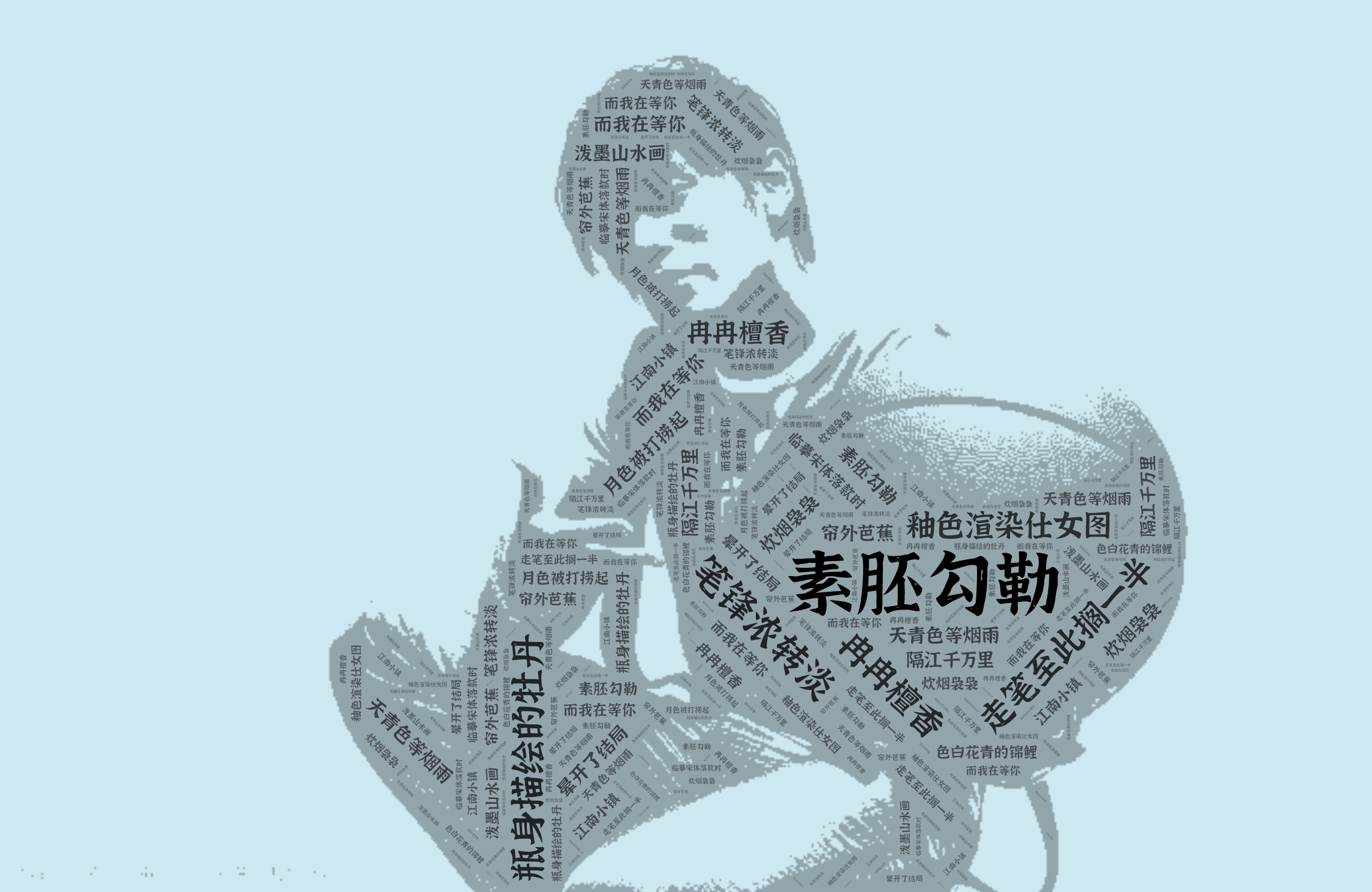 词云图,文字云图,素胚勾勒,笔锋浓转淡,瓶身描绘的牡丹,冉冉檀香,走笔至此搁一半,釉色渲染仕女图,天青色等烟雨,而我在等你,炊烟袅袅,隔江千万里